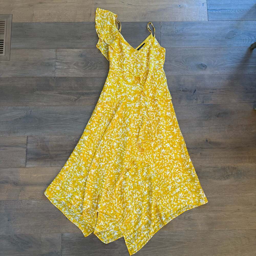 BCBGMAXAZRIA Marisa Ruffle Asymmetrical Floral Midi Dress Sz 6 in Honey